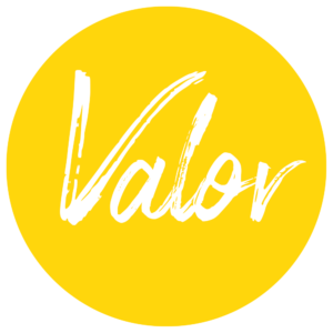 Logo du projet Valor. il s'agit d'un cercle fond plein en jaune et Valor est écrit en blanc